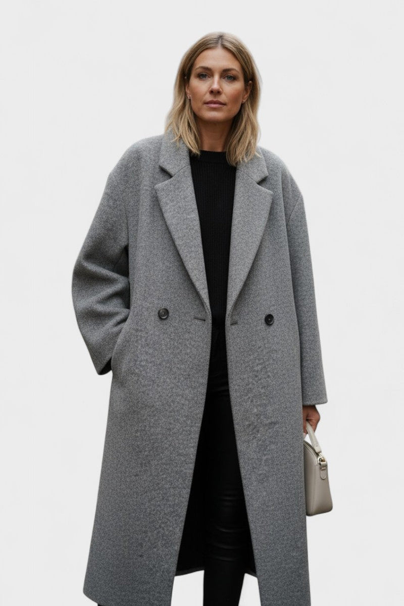 Ditte – Long wool coat in a timeless design – Grey / S