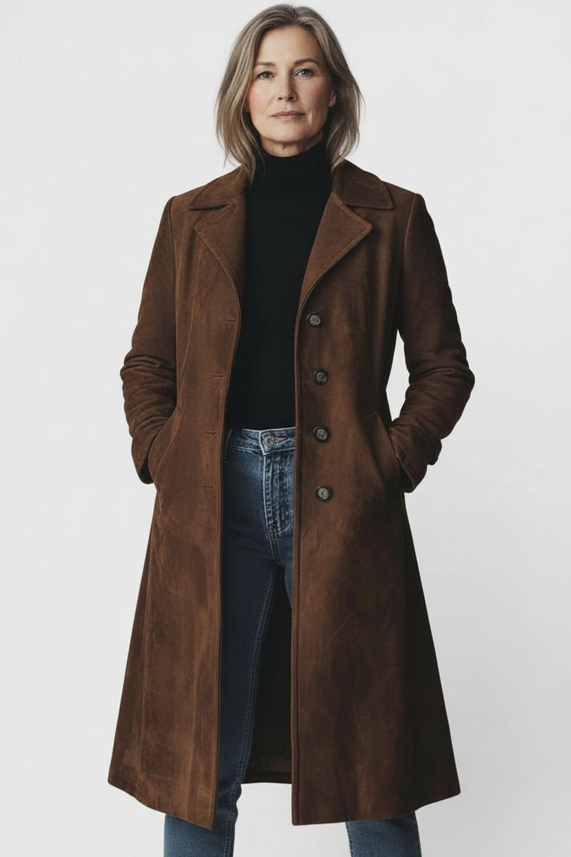 Teresa – Suede Trench Coat in Vintage Style – Brown / S