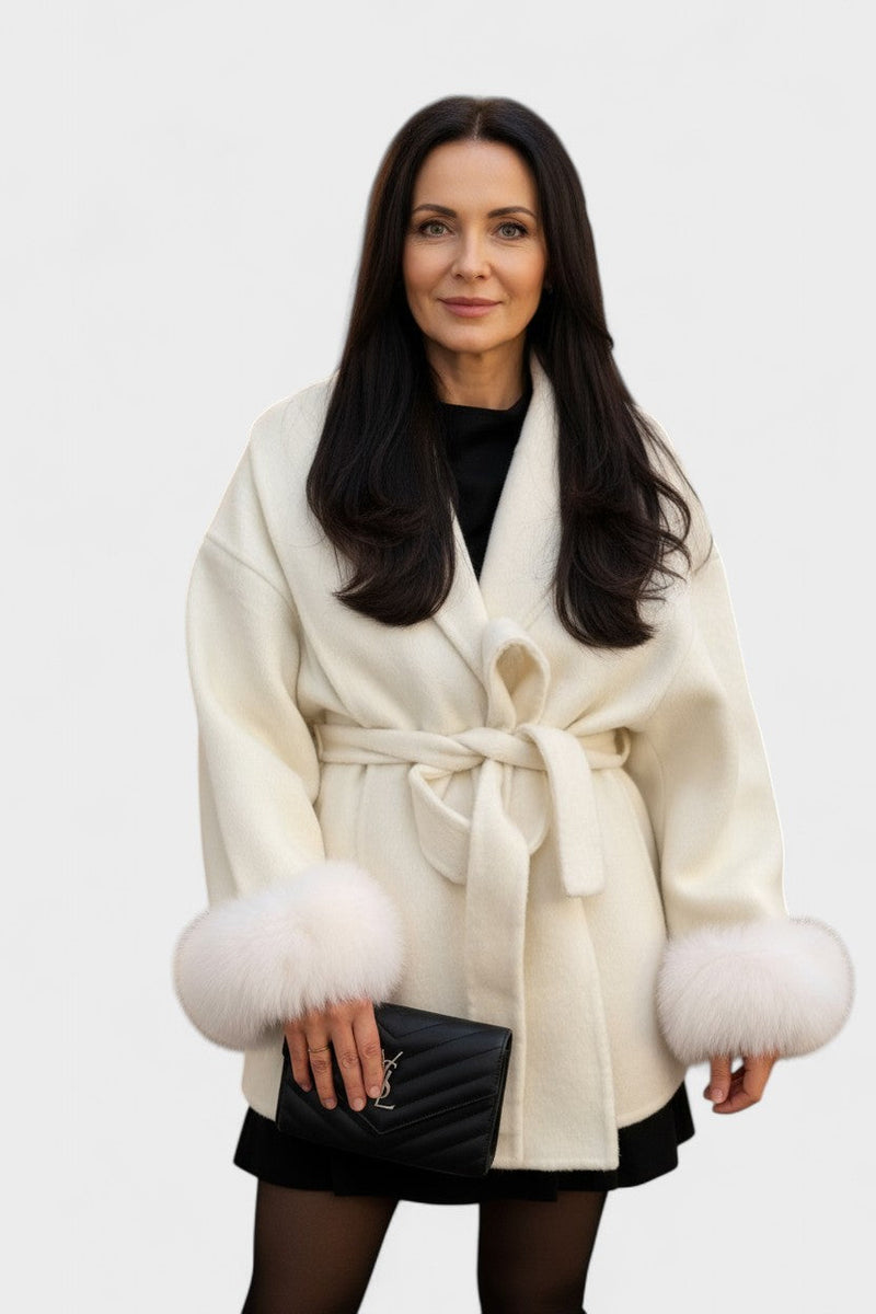 Dagmar – Elegant coat with eco fur – White / S